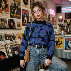 Spunky Vintage 90s Purple Floral Sparkle Mock Neck Knit Sweater sz M